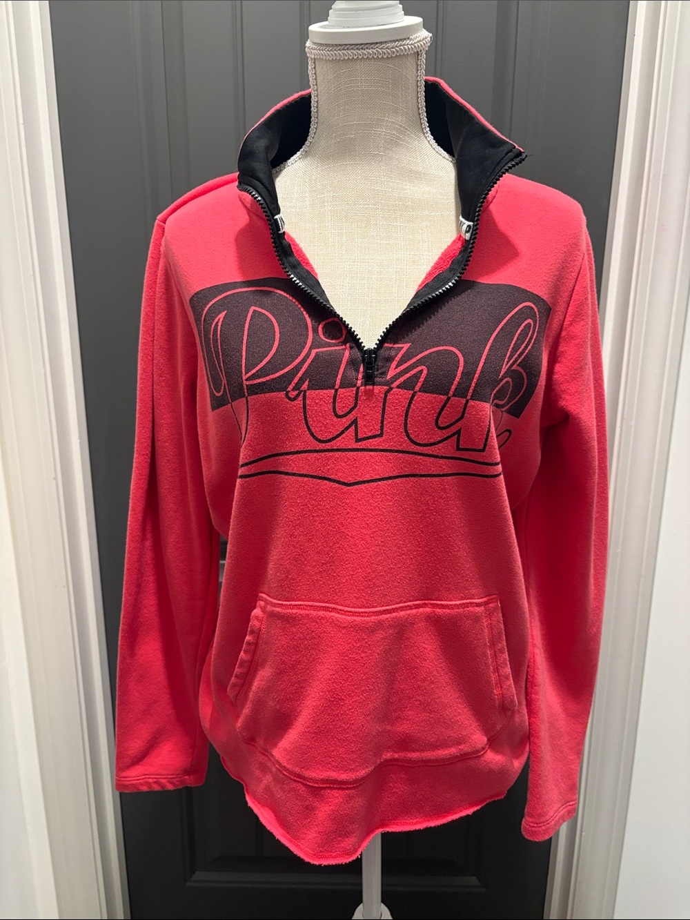 PINK Victoria's Secret Coral-Pink Quarter Zip Pullover with Black Logo Panel